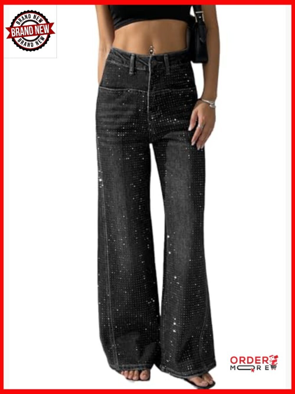 High Waist Wide Leg Rhinestone Jeans Stretch Denim Pants Sparkle Sequin - Picture 5 of 7